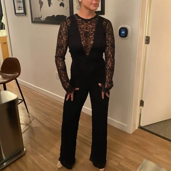 Nightcap Black Lace Flare Jumpsuit MEDIUM Bodycon Cocktail Vampire Goth USA $500 - Picture 6 of 10